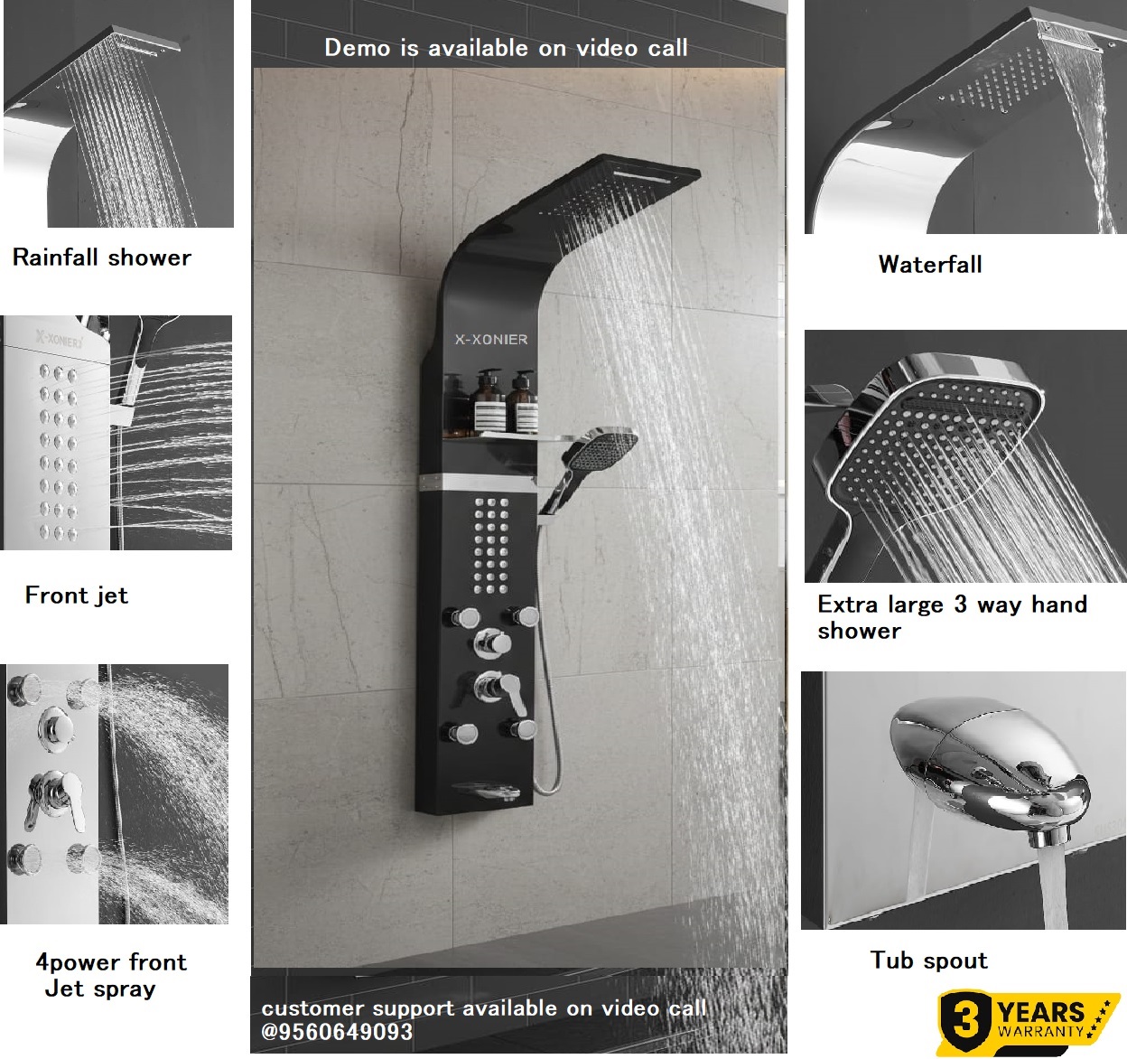 X-XONIER 304 Grade Stainless Steel Shower Panel 6 in 1 Shower System Handshower with Waterfall Outlet Tub Spout Body Massage Spray With Hot &cold Mixer Black - Image 3